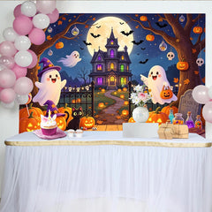Lofaris Cute Cartoon Halloween Backdrop with Ghosts, Pumpkins and Haunted House, Festive Night Party Decor for Trick or Treat Photography