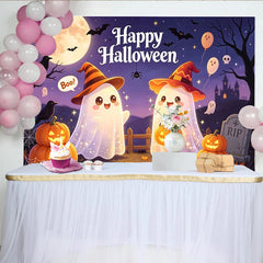 Lofaris Cute Ghosts Halloween Backdrop with Witch Hats and Jack-O-Lanterns, Spooky Night Party Background for Trick or Treat Decor