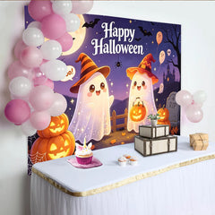 Lofaris Cute Ghosts Halloween Backdrop with Witch Hats and Jack-O-Lanterns, Spooky Night Party Background for Trick or Treat Decor
