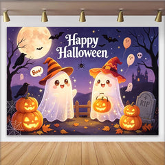 Lofaris Cute Ghosts Halloween Backdrop with Witch Hats and Jack-O-Lanterns, Spooky Night Party Background for Trick or Treat Decor