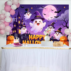 Lofaris Cute Cartoon Ghosts Halloween Backdrop with Spooky Castle and Moon, Vibrant Holiday Background for Festive Party Decor and Photo Booth