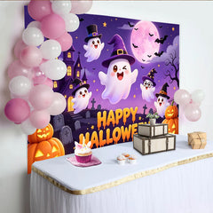 Lofaris Cute Cartoon Ghosts Halloween Backdrop with Spooky Castle and Moon, Vibrant Holiday Background for Festive Party Decor and Photo Booth