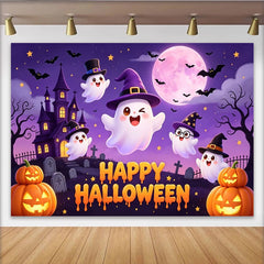 Lofaris Cute Cartoon Ghosts Halloween Backdrop with Spooky Castle and Moon, Vibrant Holiday Background for Festive Party Decor and Photo Booth