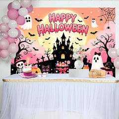 Lofaris Cute Pink Halloween Backdrop with Ghosts and Pumpkins, Cartoon Haunted Castle Background for Kids Party Decor and Photoshoot.