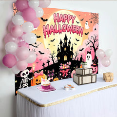 Lofaris Cute Pink Halloween Backdrop with Ghosts and Pumpkins, Cartoon Haunted Castle Background for Kids Party Decor and Photoshoot.