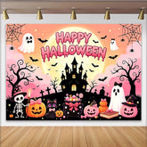Lofaris Cute Pink Halloween Backdrop with Ghosts and Pumpkins, Cartoon Haunted Castle Background for Kids Party Decor and Photoshoot.