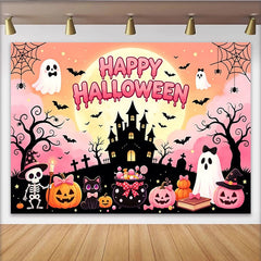 Lofaris Cute Pink Halloween Backdrop with Ghosts and Pumpkins, Cartoon Haunted Castle Background for Kids Party Decor and Photoshoot.