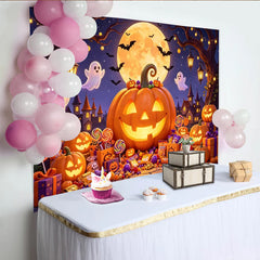 Lofaris Spooky Halloween Backdrop with Glowing Jack-o'-Lanterns, Ghosts and Bats, Haunted Castle Full Moon Party for Spooky Photoshoot