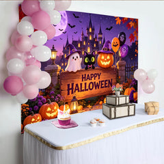 Lofaris Happy Halloween Backdrop with Cute Ghost and Black Cat, Purple Night Sky Photography Background for Party Decor.