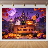Lofaris Happy Halloween Backdrop with Cute Ghost and Black Cat, Purple Night Sky Photography Background for Party Decor.