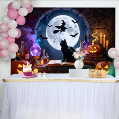 Lofaris Spooky Halloween Backdrop with Full Moon, Witch, and Flying Bats, Magical Black Cat and Pumpkin Decor for Party