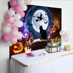 Lofaris Spooky Halloween Backdrop with Full Moon, Witch, and Flying Bats, Magical Black Cat and Pumpkin Decor for Party