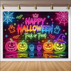 Lofaris Neon Happy Halloween Backdrop with Pumpkins, Ghosts and Spiderwebs, Colorful Brick Wall Background for Party Decor