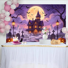 Lofaris Spooky Haunted House Halloween Backdrop with Full Moon, Bats, and Ghosts, Eerie Graveyard Photography Background