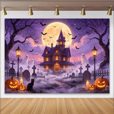Lofaris Spooky Haunted House Halloween Backdrop with Full Moon, Bats, and Ghosts, Eerie Graveyard Photography Background