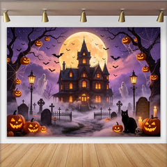 Lofaris Spooky Halloween Haunted House Backdrop with Full Moon, Bats, and Glowing Pumpkins, Eerie Graveyard Background for Party Decor