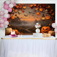 Lofaris Spooky Halloween Backdrop with Jack-o'-Lanterns, Autumn Leaves and Flying Bats, Misty Forest Photography Background for Party Decor
