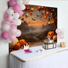Lofaris Spooky Halloween Backdrop with Jack-o'-Lanterns, Autumn Leaves and Flying Bats, Misty Forest Photography Background for Party Decor