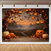 Lofaris Spooky Halloween Backdrop with Jack-o'-Lanterns, Autumn Leaves and Flying Bats, Misty Forest Photography Background for Party Decor