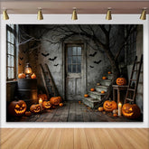 Lofaris Spooky Haunted House Halloween Backdrop with Jack-o'-Lanterns, Bats and Eerie Tree Branches, Vintage Photography for Party Decor