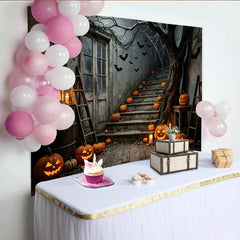 Lofaris Spooky Halloween Backdrop with Jack-o'-Lanterns, Bats and Old House Stairs, Eerie Night Scene Background for Spooky Party Decor