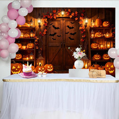 Lofaris Rustic Halloween Backdrop with Glowing Pumpkins and Bats, Autumn Leaves and Lanterns for Spooky Party Decor and Photoshoot