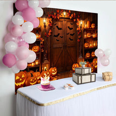 Lofaris Rustic Halloween Backdrop with Glowing Pumpkins and Bats, Autumn Leaves and Lanterns for Spooky Party Decor and Photoshoot