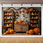 Lofaris Rustic Wooden Halloween Backdrop with Carved Pumpkins and Flying Bats, Spooky Autumn Party Decor for Studio Photography Background