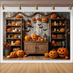 Lofaris Rustic Wooden Halloween Backdrop with Carved Pumpkins and Flying Bats, Spooky Autumn Party Decor for Studio Photography Background