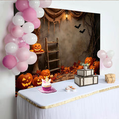 Lofaris Spooky Halloween Backdrop with Jack-o-Lanterns, Autumn Leaves and Bats, Rustic Photography Background for Party Decor and Photoshoots