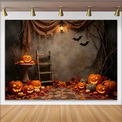 Lofaris Spooky Halloween Backdrop with Jack-o-Lanterns, Autumn Leaves and Bats, Rustic Photography Background for Party Decor and Photoshoots