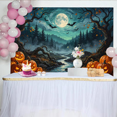 Lofaris Spooky Halloween Night Backdrop with Jack-o-lanterns, Full Moon and Bats, Misty Forest River Photography Background for Party Decor