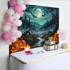 Lofaris Spooky Halloween Night Backdrop with Jack-o-lanterns, Full Moon and Bats, Misty Forest River Photography Background for Party Decor