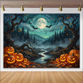 Lofaris Spooky Halloween Night Backdrop with Jack-o-lanterns, Full Moon and Bats, Misty Forest River Photography Background for Party Decor