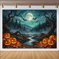 Lofaris Spooky Halloween Night Backdrop with Jack-o-lanterns, Full Moon and Bats, Misty Forest River Photography Background for Party Decor
