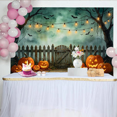 Lofaris Spooky Halloween Backdrop with Glowing Jack-o-lanterns, Bats, and Misty Trees, Wooden Fence Photography Background for Party Decor