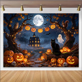 Lofaris Spooky Haunted House Halloween Backdrop, Full Moon and Jack-o'-Lanterns Photography Background for Party Decor