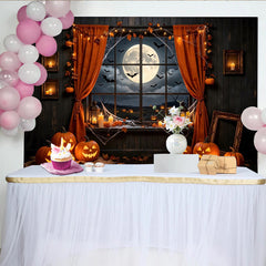 Lofaris Spooky Halloween Backdrop with Jack-o'-lanterns and Full Moon, Dark Night Window Background for Spooky Party Decor and Photoshoot