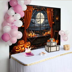Lofaris Spooky Halloween Backdrop with Jack-o'-lanterns and Full Moon, Dark Night Window Background for Spooky Party Decor and Photoshoot