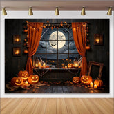 Lofaris Spooky Halloween Backdrop with Jack-o'-lanterns and Full Moon, Dark Night Window Background for Spooky Party Decor and Photoshoot