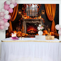 Lofaris Spooky Halloween Fireplace Backdrop with Jack-o'-Lanterns and Fall Leaves, Creepy Autumn Scene Background for Party Photography