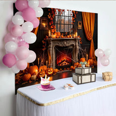 Lofaris Spooky Halloween Fireplace Backdrop with Jack-o'-Lanterns and Fall Leaves, Creepy Autumn Scene Background for Party Photography