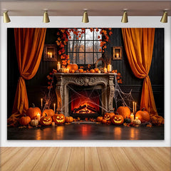 Lofaris Spooky Halloween Fireplace Backdrop with Jack-o'-Lanterns and Fall Leaves, Creepy Autumn Scene Background for Party Photography