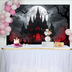 Lofaris Dark Gothic Castle Halloween Backdrop with Full Moon and Flying Bats, Spooky Red Glow Background for Party Decor