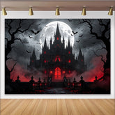 Lofaris Dark Gothic Castle Halloween Backdrop with Full Moon and Flying Bats, Spooky Red Glow Background for Party Decor