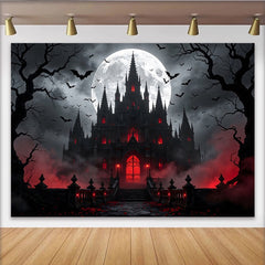 Lofaris Dark Gothic Castle Halloween Backdrop with Full Moon and Flying Bats, Spooky Red Glow Background for Party Decor