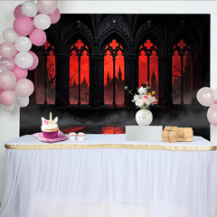 Lofaris Dark Gothic Castle Photography Backdrop with Red Sky and Arched Windows, Dramatic Studio Background for Halloween Party