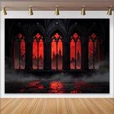 Lofaris Dark Gothic Castle Photography Backdrop with Red Sky and Arched Windows, Dramatic Studio Background for Halloween Party