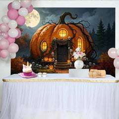 Lofaris Spooky Pumpkin House Halloween Backdrop with Full Moon and Skulls, Eerie Jack-o'-Lanterns Photography Background for Spooky Party Decor