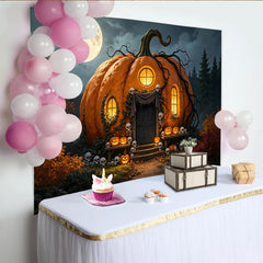 Lofaris Spooky Pumpkin House Halloween Backdrop with Full Moon and Skulls, Eerie Jack-o'-Lanterns Photography Background for Spooky Party Decor